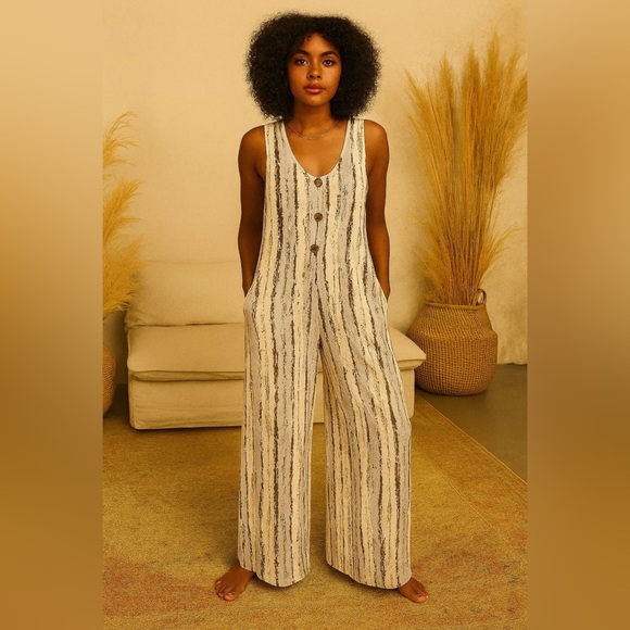 Pants - Striped Sleeveless Jumpsuit - Black and Cream